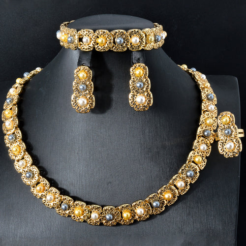 2025 New Luxury Square Cutout Set Pearl Rhinestone Necklace Earrings Bracelet Ring Set Classic Wholesale