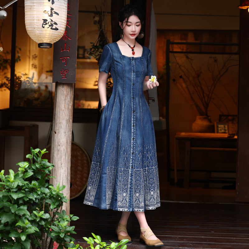 Square Collar Retro Denim Heavy Embroidery A-Line Dress 82693