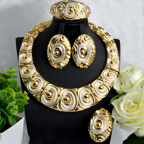 Dubai Statement Gold Trim Auspicious Cloud Texture Chinese Style Ancient Craft Round Necklace Bracelet Set Earrings Ring Light Luxury Bead Gem