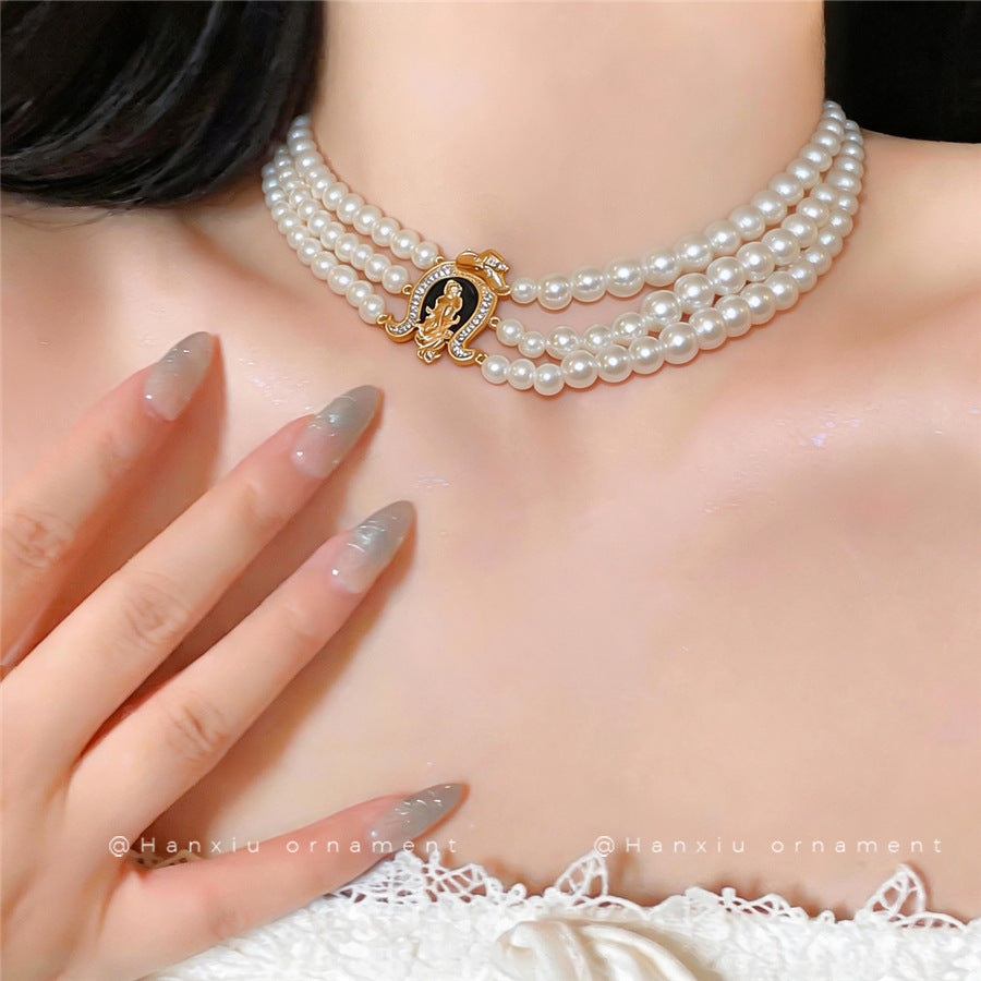 Multi-Layer Pearl and Rhinestone Horseshoe Necklace - view 3