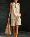 Summer Old Money Relaxed Linen Short Sleeve V-Neck Loose Wide Leg Pants + Top 2-Piece Set