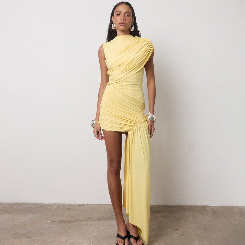 Slim Fit Bodycon Dress - Round Neck Ruched Irregular Hem Sleeveless Sexy Dress
