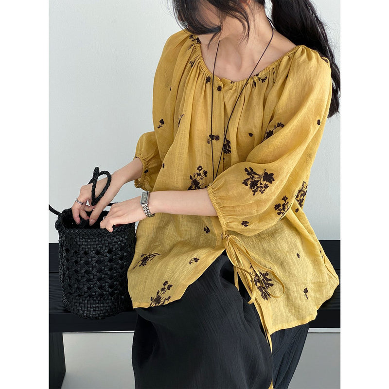 Korean Relaxed Ramie Embroidered Tie-Front Floral Sun-Protection Loose Shirt