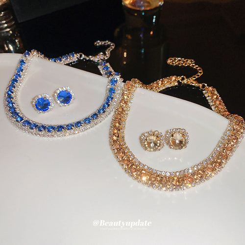 Western Heavy-Duty Iridescent Rhinestone Geometric Square Stud Earring Necklace Set Fashionable Clavicle Chain Light Luxury Premium Necklace