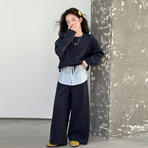 Girls' Loose Hoodie Striped Flap Back Sweatpants Set