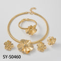 India Bride Bead Gem Heavy-Duty Spiral Folded Cuff 3D Petal Necklace Bangle Ring Earrings Set Gown Set
