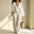 Summer Plus Size V-Neck Drawstring Wide Leg Cardigan + Pants 3-Piece Set