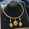 Middle East Bride Gold Plated Overseas Jewelry Set 3D Flower Bud Pendant Net Form Chain Necklace Drop Accessory Set