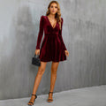 Women's V-Neck Velvet Wrap Puff Sleeve Dress