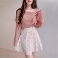 Women's Korean Fashion Long Sleeve Drawstring Knit Top + Tank Top + Camisole 2-Piece - White