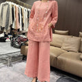 Women's Summer New Chinese Ethnic Embroidered 3/4 Sleeve Heavy Wide Leg Pants + Shirt - Pink