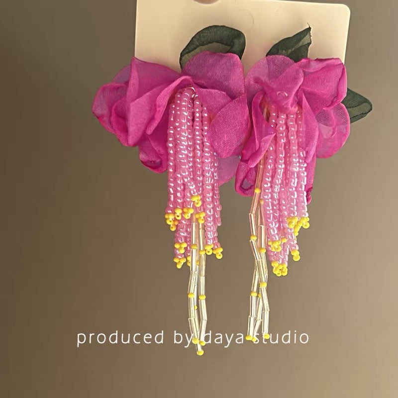 Pink Fabric Flower Tassel Earrings - view 3