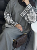 Ethnic Geometric Embroidered Long Sleeve Dress, Fashion Robe
