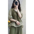 Summer Fashion Slimming Linen Cotton Patchwork Printed Harem Pants + Top 2-Piece Set