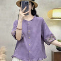 Women's Summer New Chinese Linen Cotton Embroidered Lantern Sleeve Lantern Shirt 2026 - Purple