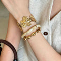 Vintage Gold Flower Width Edge Bangle Women Multi-Layered Wear Vacation Breeze Bracelet Exquisite Fashionable Hand Jewelry