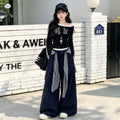 Girls' Letter Print Boat Neck Tee Plaid Wide-Leg Pants Set