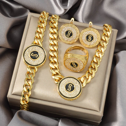 Overseas Middle East Fashionable Geometric Round Rhinestone Pendant Necklace Bracelet Set Earrings Ring Women Banquet Set