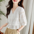 Summer Petite Embroidered Cotton Half Sleeve V-Neck Hollow-Out Cropped Shirt
