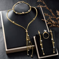 EU/US Import 18K Gold Simple Pair Band Beaded Fringe Necklace Bracelet Set Earrings Ring Middle East Banquet Set Women