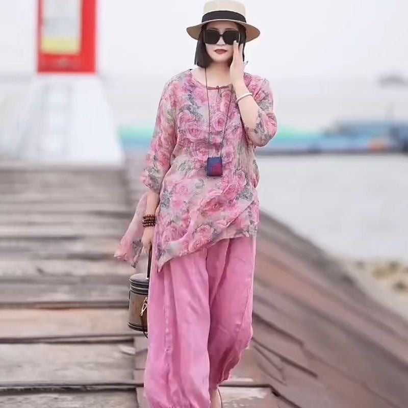 Spring-Summer Fashion Slimming Ramie Printed Loose Lantern Pants + Top 2-Piece Set