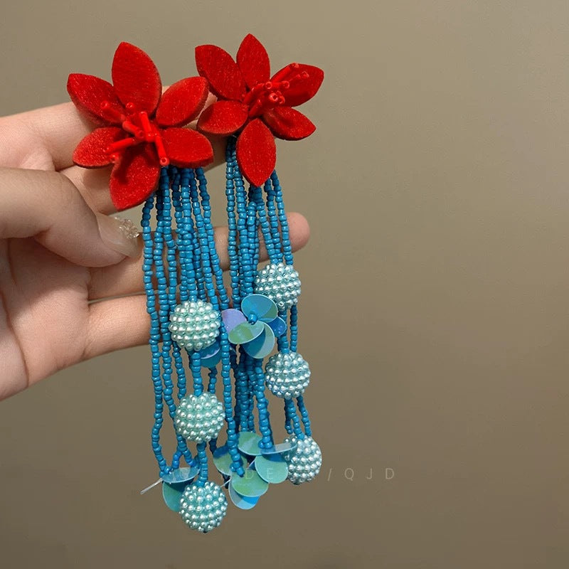 Blue Fabric Flower Statement Earrings - view 4