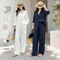 Fall Old Money Retro Linen Long Sleeve Loose Wide Leg Pants + Shirt 2-Piece Set