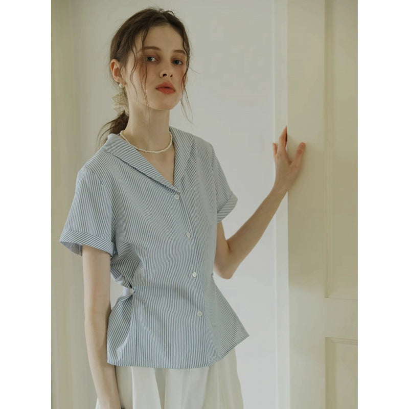 Summer Office French Short Sleeve Sailor Collar Striped Shirt