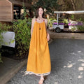 Yellow Fringe Camisole Fair-Skin Long Dress, Beach Vacation Style