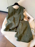 Summer Old Money Retro Linen Cotton Sleeveless Shorts 2-Piece Set