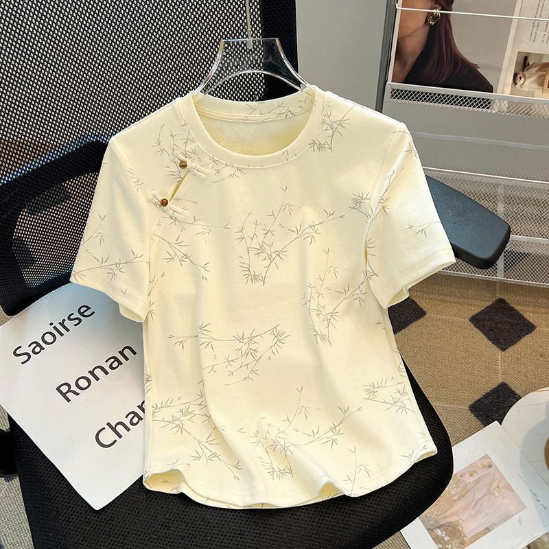 large size new chinese style disc button short-sleeved t-shirt for women summer 2026 new women's loo