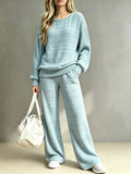 Fall-Winter Casual Fashion Knit Long Sleeve Wide Leg Pants + Top 2-Piece Set