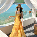 French Yellow Ombre Floral Ribbon V-Neck Camisole Photo Dress