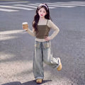 Girls' Faux Layered Cami & Diaper Look Jeans - Korean Set