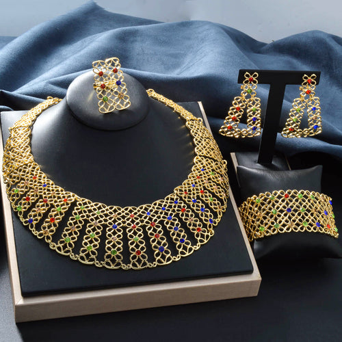 Overseas Dubai Gold 18K Statement Geometric Cutout Mini Set Colorful Crystal Necklace Bracelet Set Earrings Ring Middle East Set Women