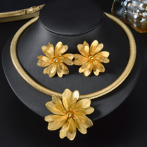 Middle East Bride Jewelry Overseas Fashionable Exquisite 3D Flower Necklace Stud Women Wedding Wear Present Set