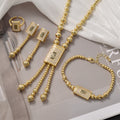 Dubai Luxury Gold Round Bead Fringe Square Rhinestone Letter Pendant Necklace Earrings Ring Bracelet Set Banquet Jewelry