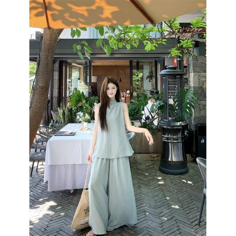 Summer Old Money Sporty Linen Cotton Sleeveless Loose Wide Leg Pants + Top 2-Piece Set
