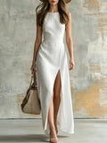 Minimalist Sleeveless Belted Slit Long Dress, Vacation Style