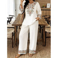Women's Ethnic Long Sleeve Lace Trim Set 2026 | 2 Piece Outfit Set - White