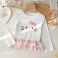 Girls' Kitty Print Lace and Plaid Trim T-Shirt