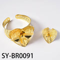 4th Leaf Cutout Copper Flower Middle East Bride Wedding Accessory Ancient Style Heart Double-Layer Open End Bangle Ring Set