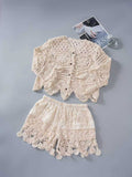 Women's Summer Bohemian Ethnic Lace Crochet Hollow-Out Crochet Camisole + Shorts 2-Pi - White