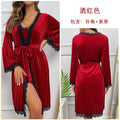 菲韵性感丝绒蕾丝拼接睡袍女系带收腰长款家居服秋冬睡衣套装147