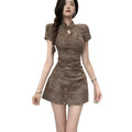 Chinese Button Modified Cheongsam Pleated Fitted Short Dress
