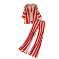 Retro Slimming Plus Size Knit Striped Loose Color-Block Wide Leg Pants + Cardigan Set