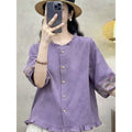 Women's Summer New Chinese Linen Cotton Embroidered Lantern Sleeve Lantern Shirt 2026 - Purple