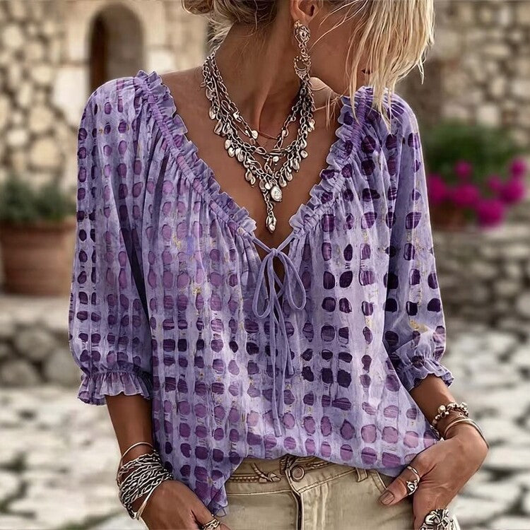 Summer Bohemian 3/4 Sleeve V-Neck Tie-Front Drawstring Shirt