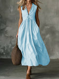 Elegant V-Neck Pocket Pleated Sleeveless Camisole Dress