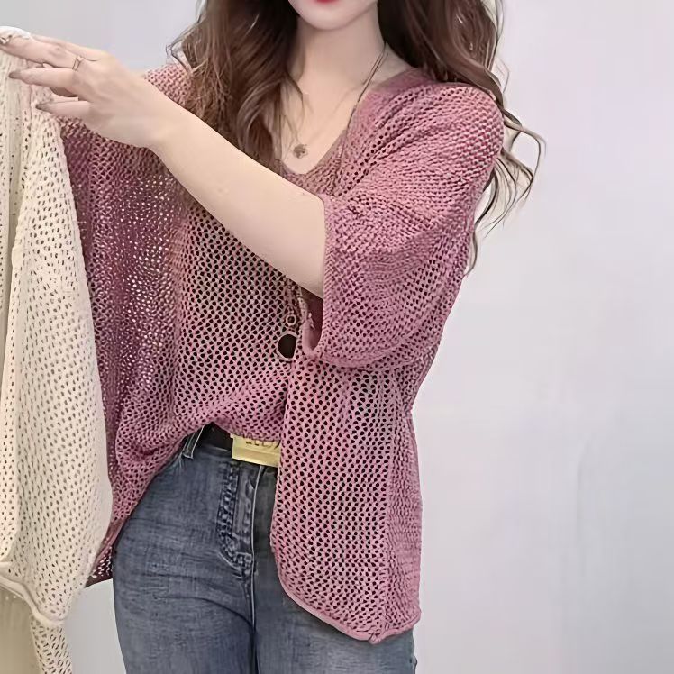 Women's Spring-Summer Fashion Relaxed Hollow-Out Lightweight Loose Knit Top 2026 - Rose Pink